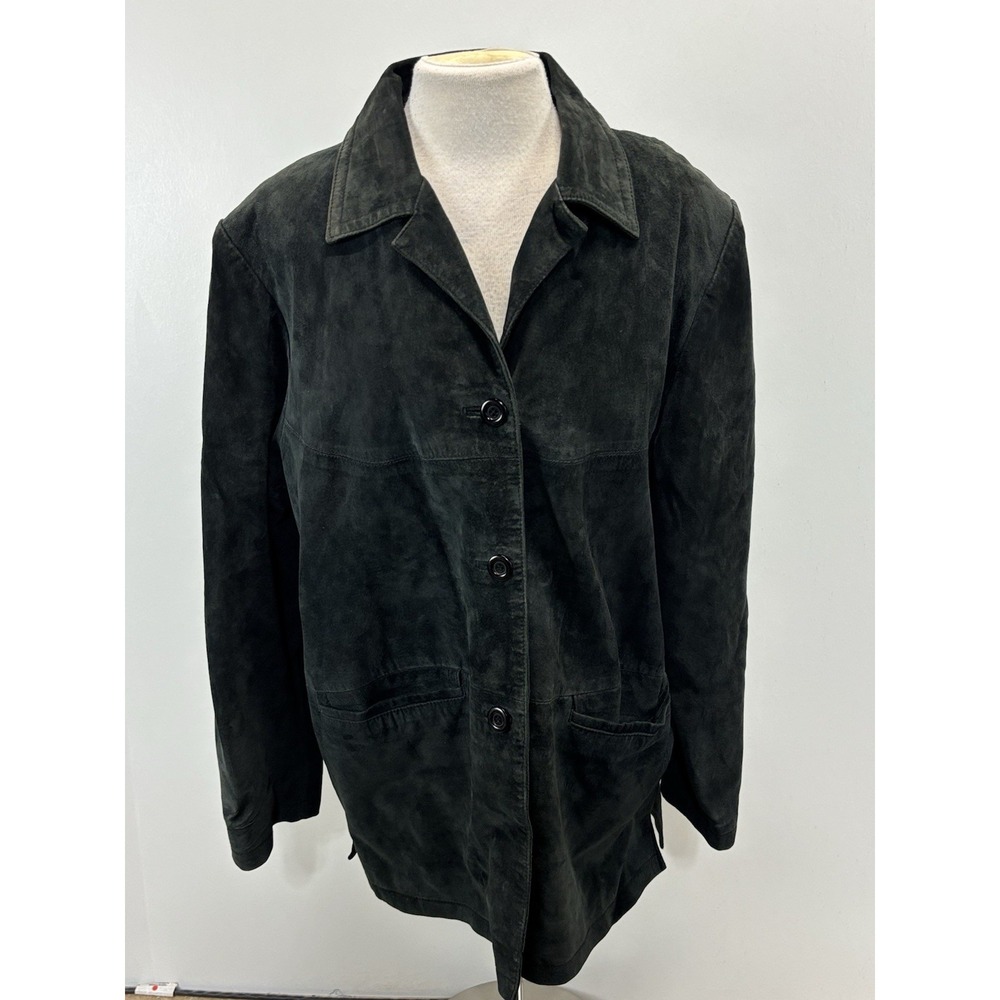 Jessica Holbrook Suede Jacket Womens Dark Grey Button Front Pockets Lined Large